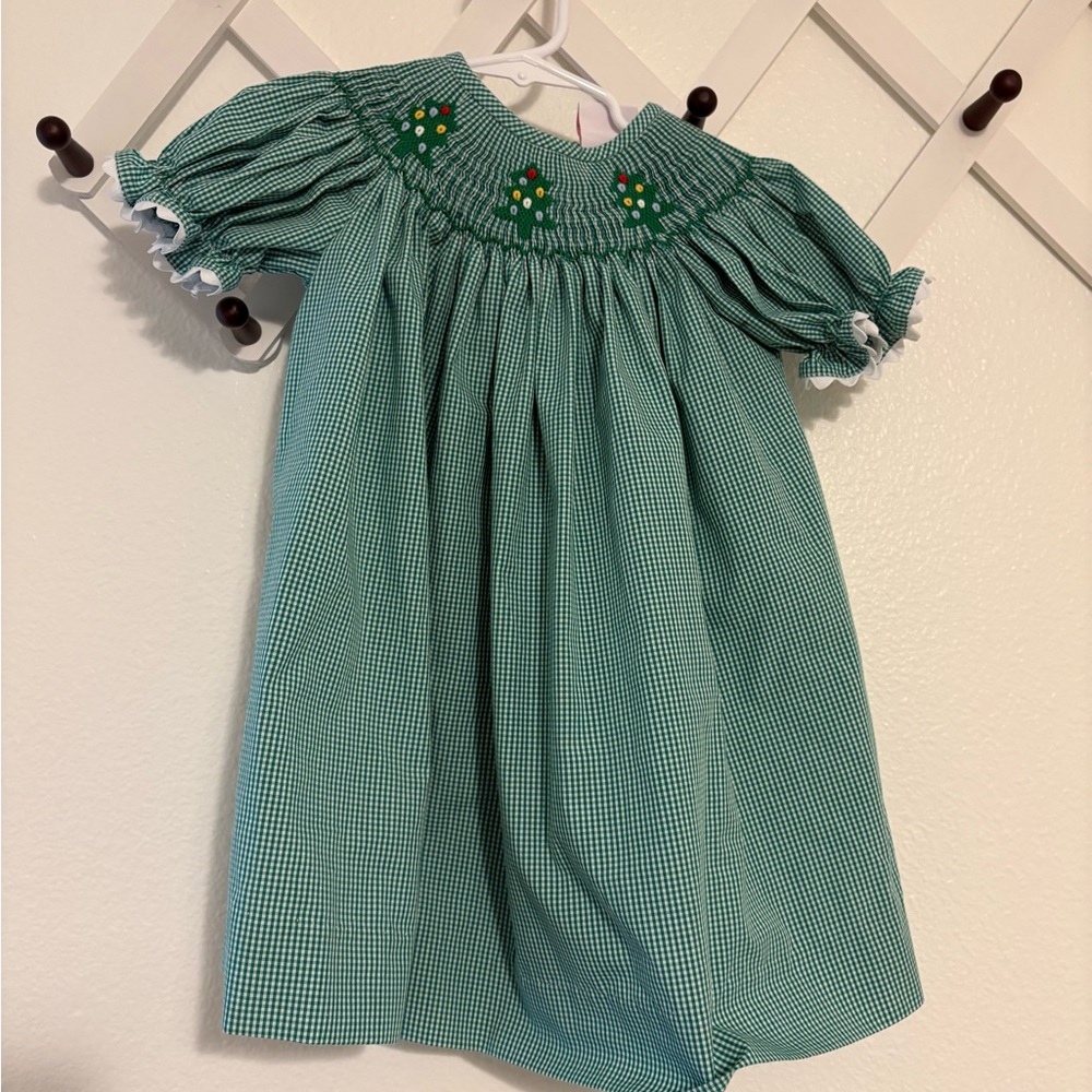 Stitchy Fish Christmas Tree Trio Smocked Bishop Dress